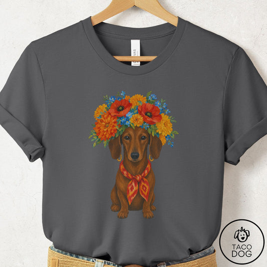 Dachshund Flower Crown T-Shirt Asphalt Taco-Dog