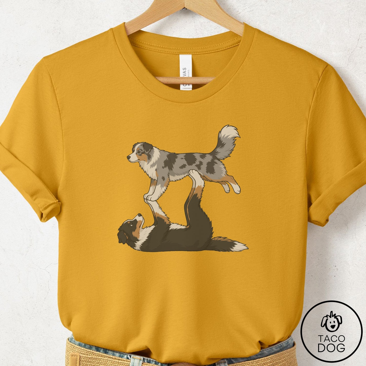 Australian Shepherd Flying Feet T-Shirt Mustard Taco-Dog