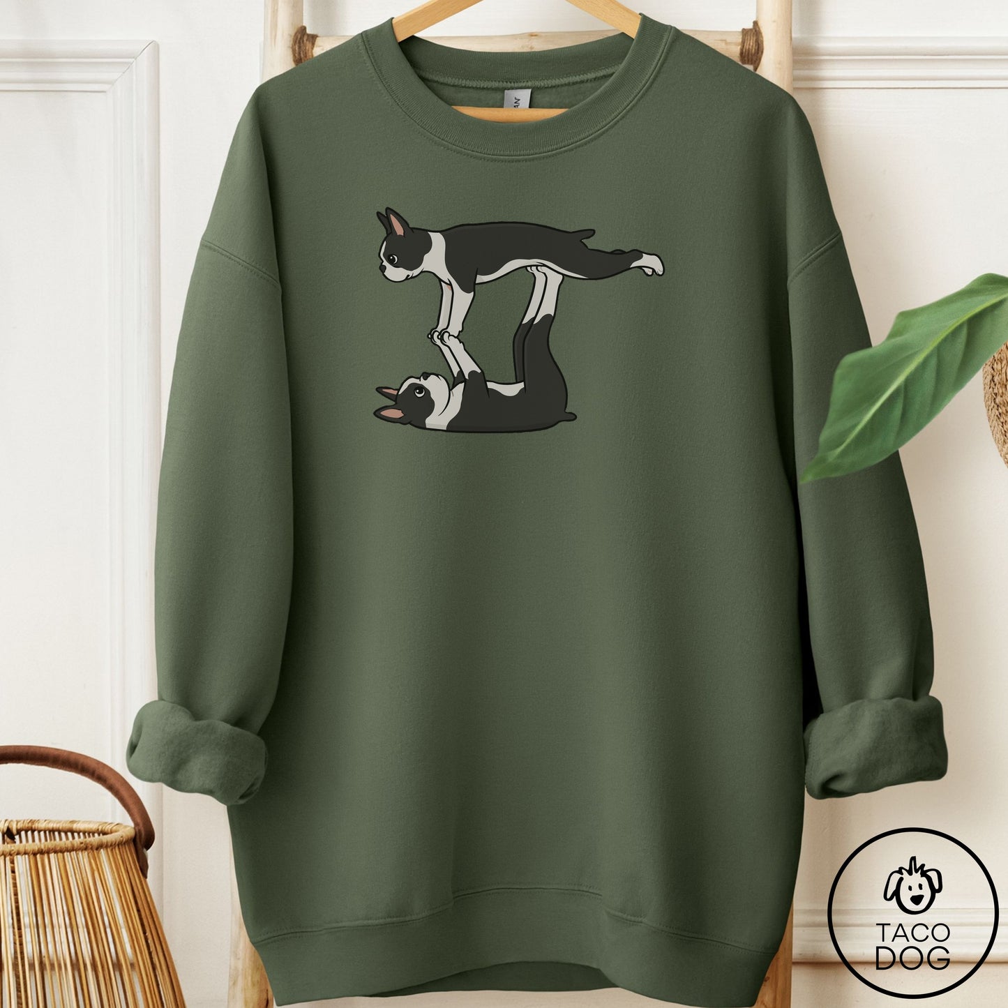 Boston Terrier Flying Feet Sweatshirt Military Green Taco-Dog