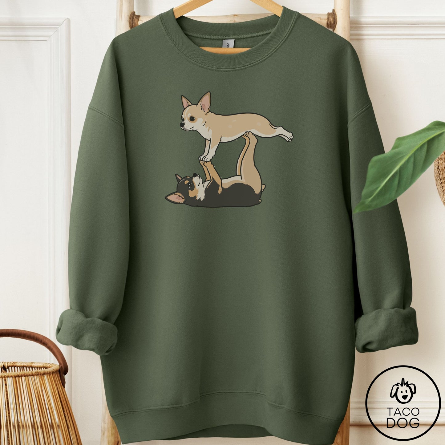 Chihuahua Flying Feet Sweatshirt Military Green Taco-Dog