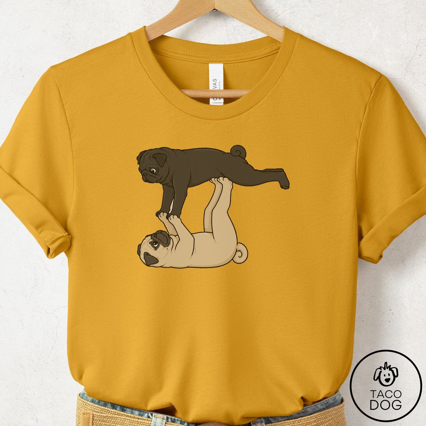 Pug Flying Feet T-Shirt Mustard Taco-Dog