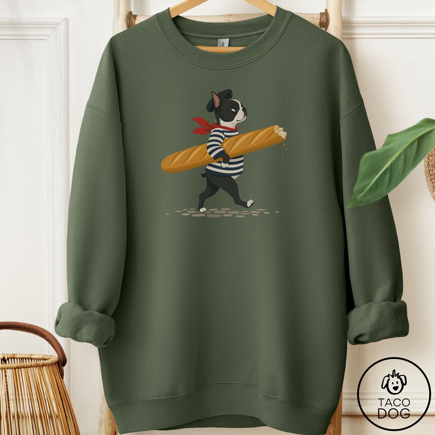 Boston Terrier French Sweatshirt Military Green Taco-Dog