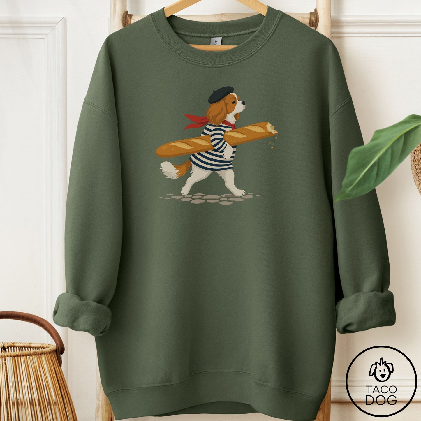 Cavalier King Charles Spaniel French Sweatshirt Military Green Taco-Dog