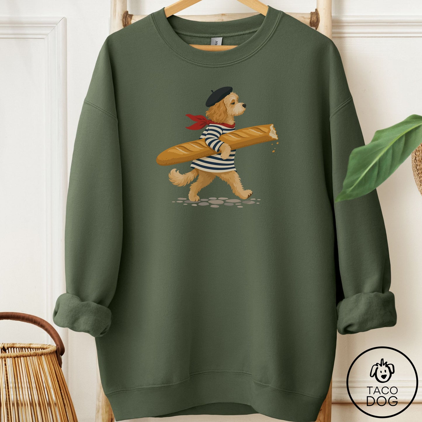 Cavapoo French Sweatshirt Military Green Taco-Dog