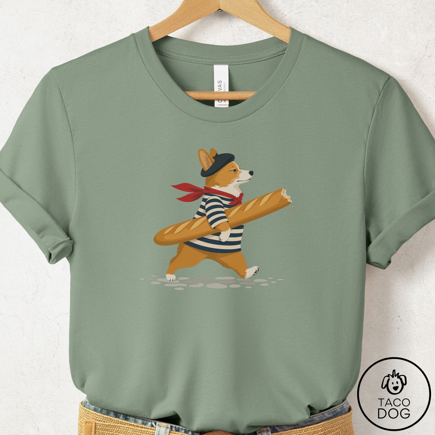 Corgi French T-Shirt Sage Taco-Dog
