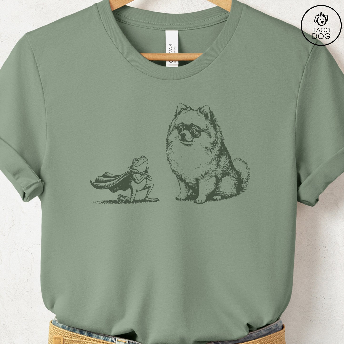 Pomeranian & Frog T-Shirt Sage Taco-Dog