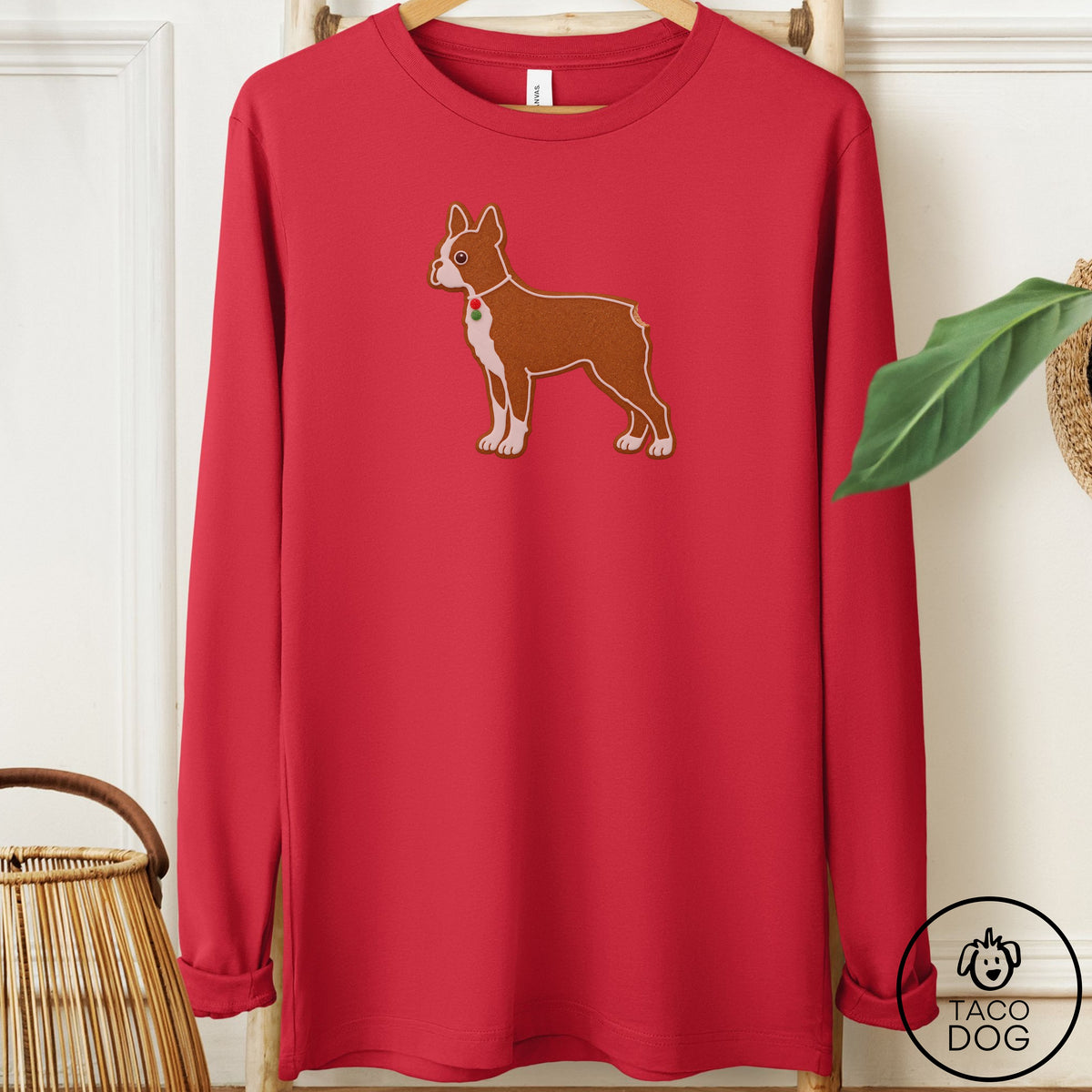 Boston Terrier Gingerbread Long Sleeve Tee Red Taco-Dog