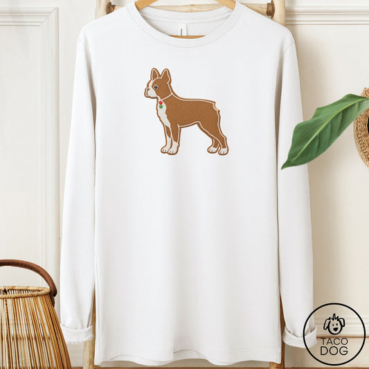 Boston Terrier Gingerbread Long Sleeve Tee White Taco-Dog