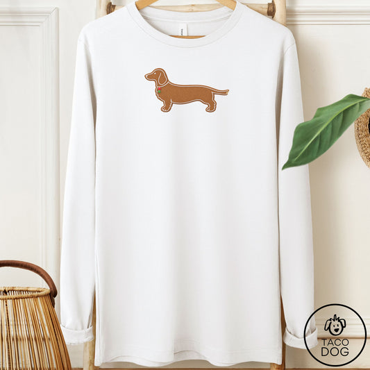 Dachshund Gingerbread Long Sleeve Tee White Taco-Dog