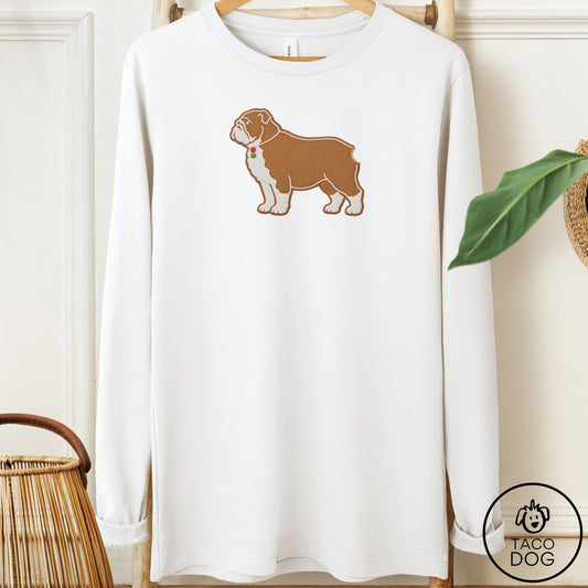 English Bulldog Gingerbread Long Sleeve Tee White Taco-Dog