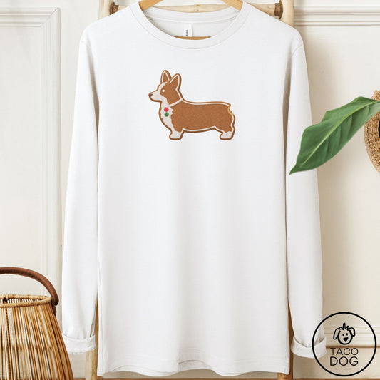 Corgi Gingerbread Long Sleeve Tee White Taco-Dog