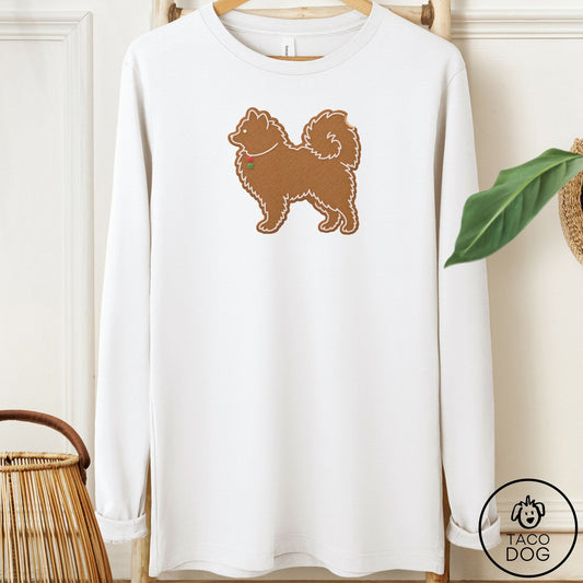 Pomeranian Gingerbread Long Sleeve Tee White Taco-Dog