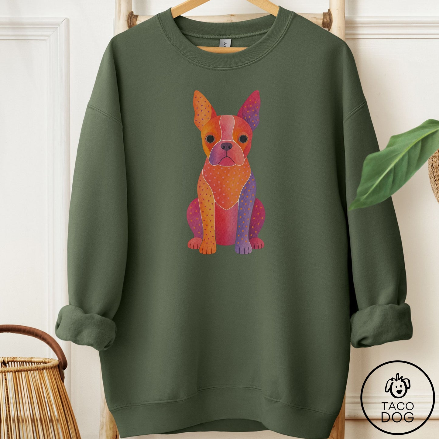 Boston Terrier Gouache Sweatshirt Military Green Taco-Dog