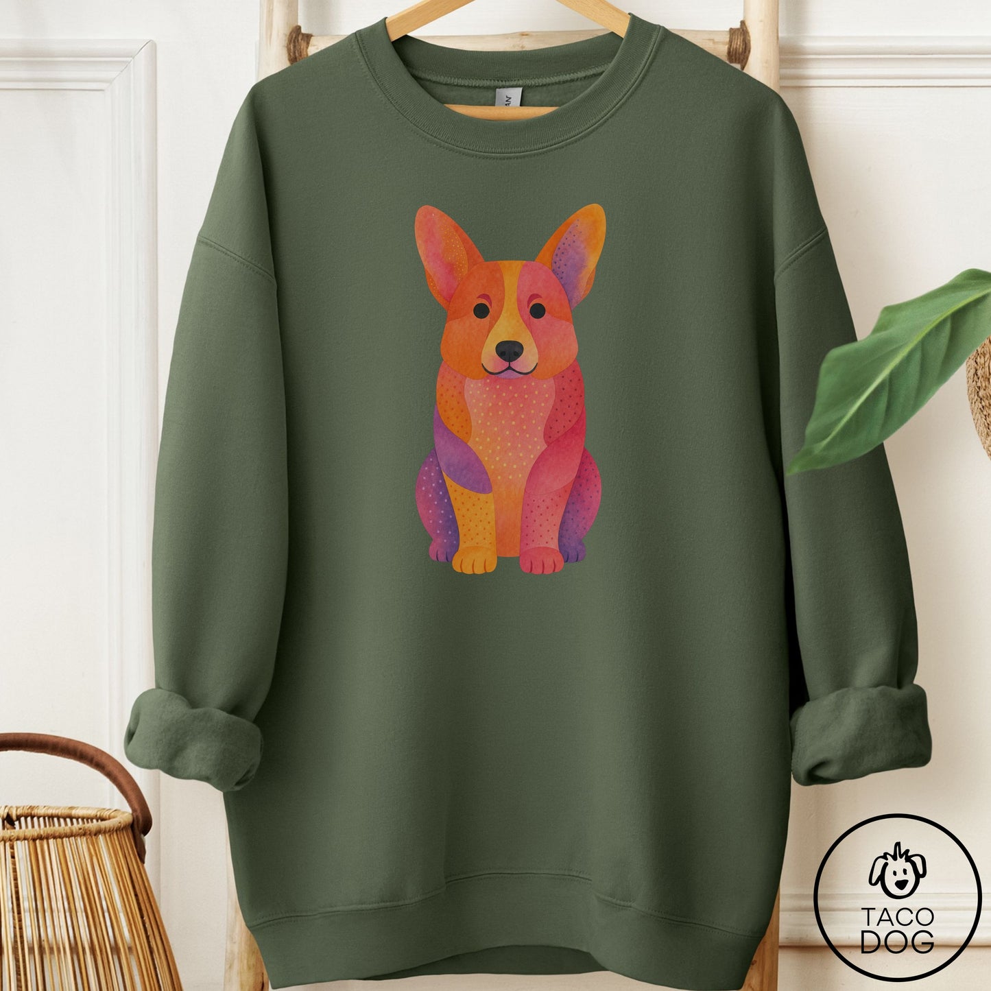Corgi Gouache Sweatshirt Military Green Taco-Dog