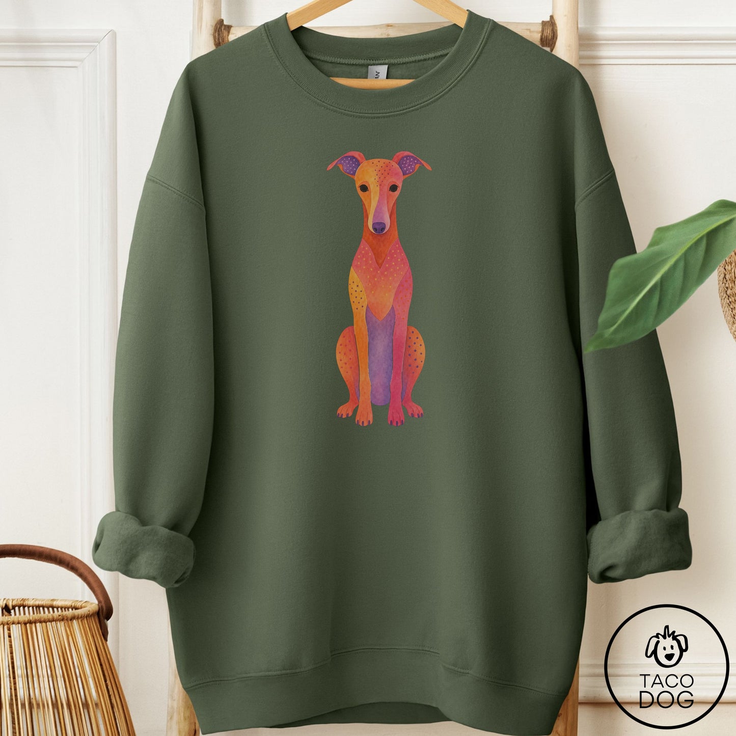 Italian Greyhound Whippet Gouache Sweatshirt Military Green Taco-Dog