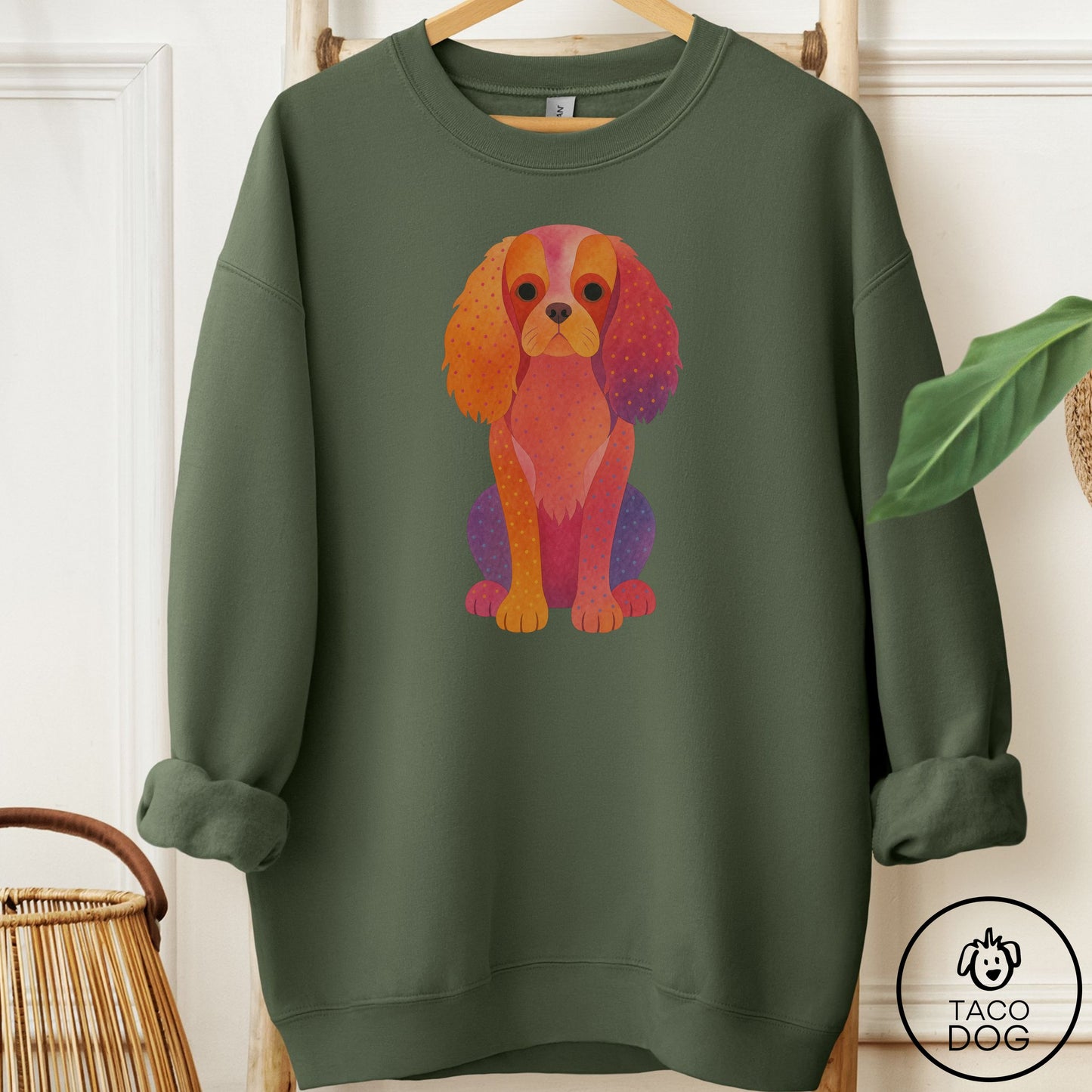 Cavalier King Charles Spaniel Gouache Sweatshirt Military Green Taco-Dog