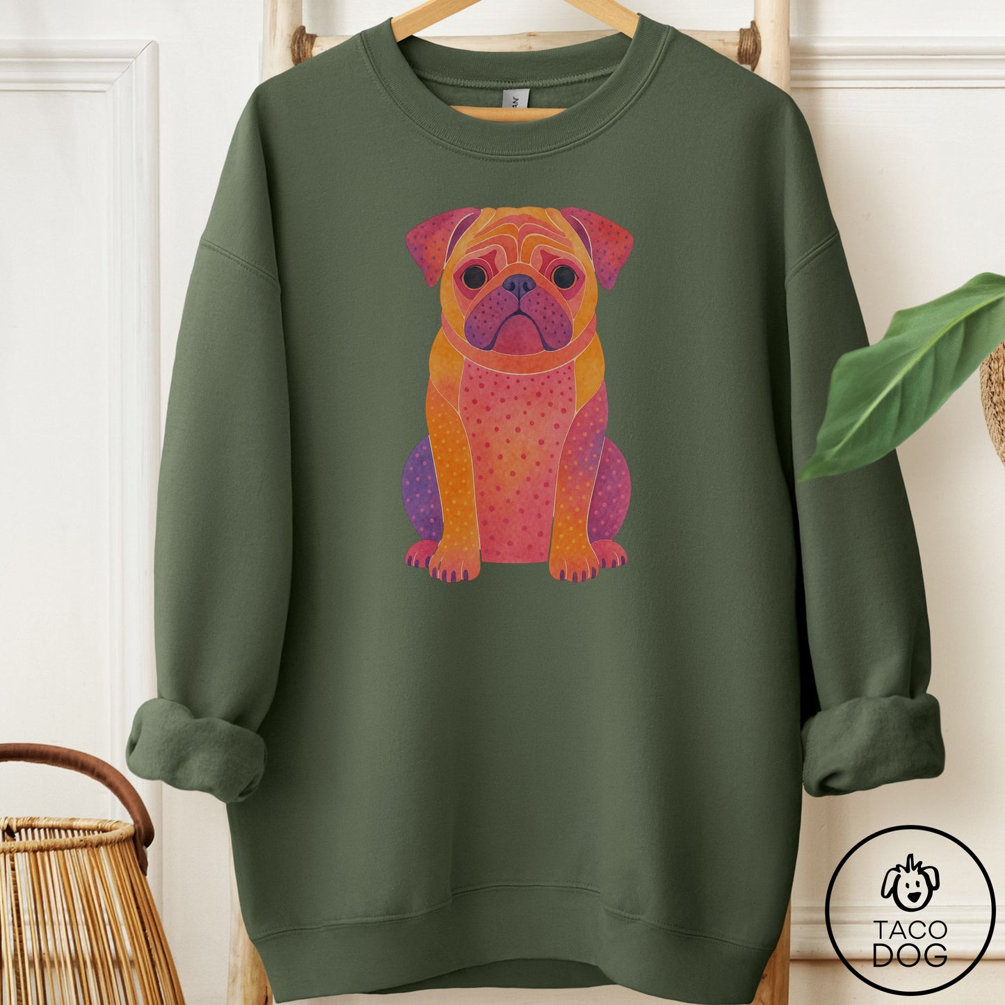 Pug Gouache Sweatshirt Military Green Taco-Dog