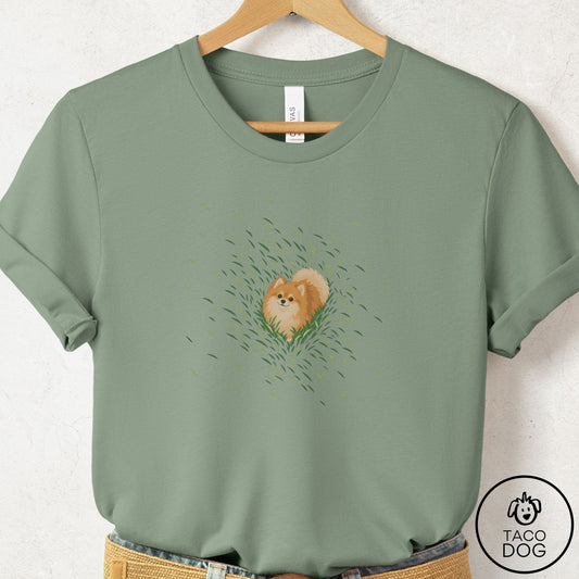 Pomeranian Green Grass T-Shirt Sage Taco-Dog