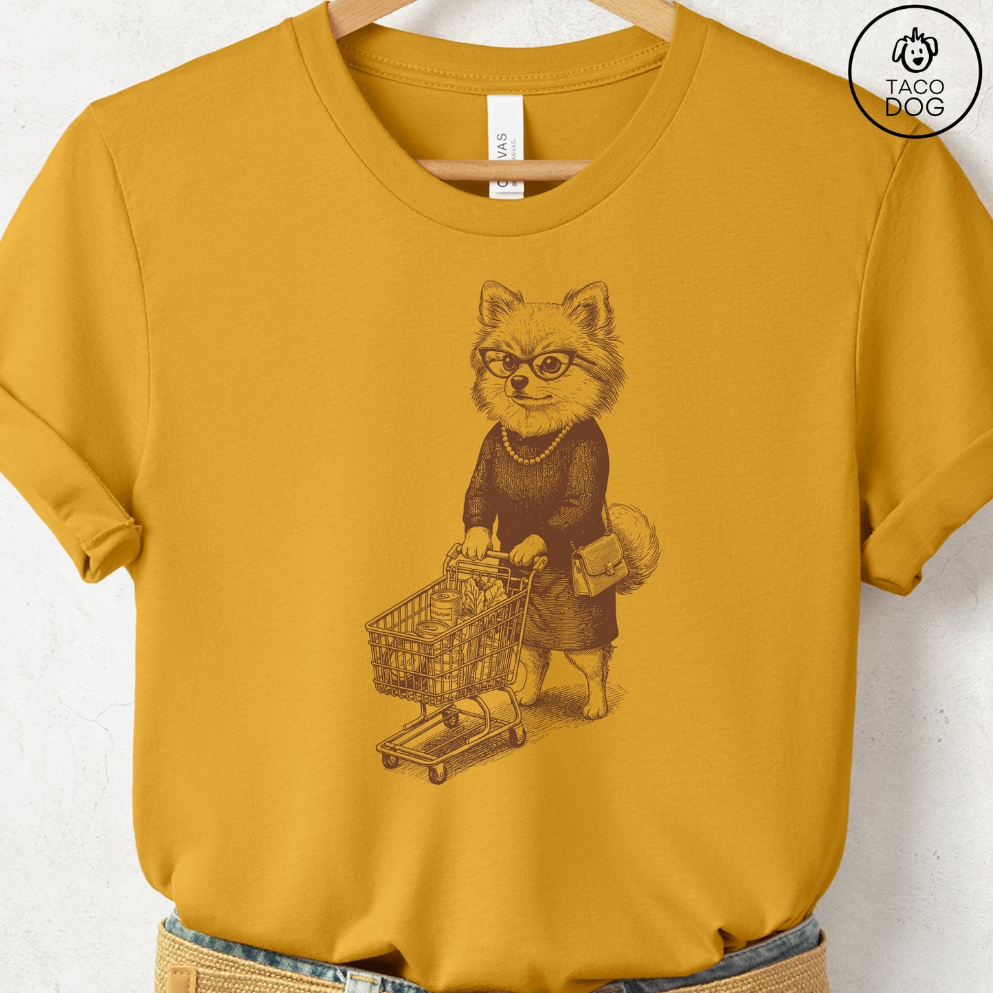 Pomeranian Grocery T-Shirt Mustard S Taco-Dog