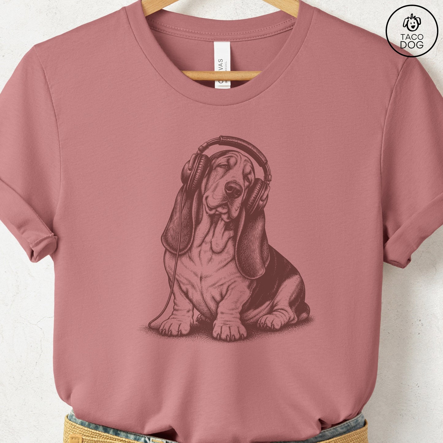 Basset Hound Headphones T-Shirt Heather Mauve Taco-Dog
