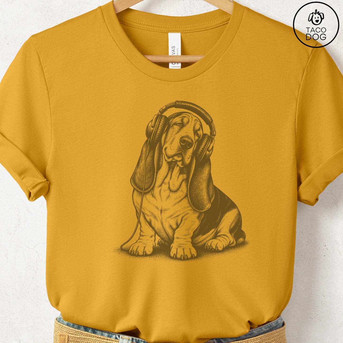 Basset Hound Headphones T-Shirt Mustard Taco-Dog