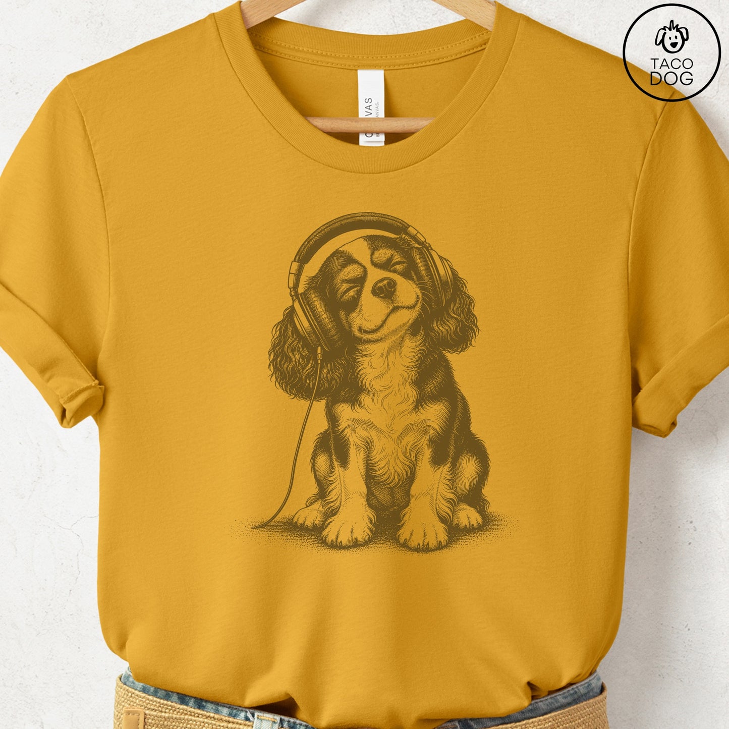 Cavalier King Charles Spaniel Headphones T-Shirt Mustard Taco-Dog