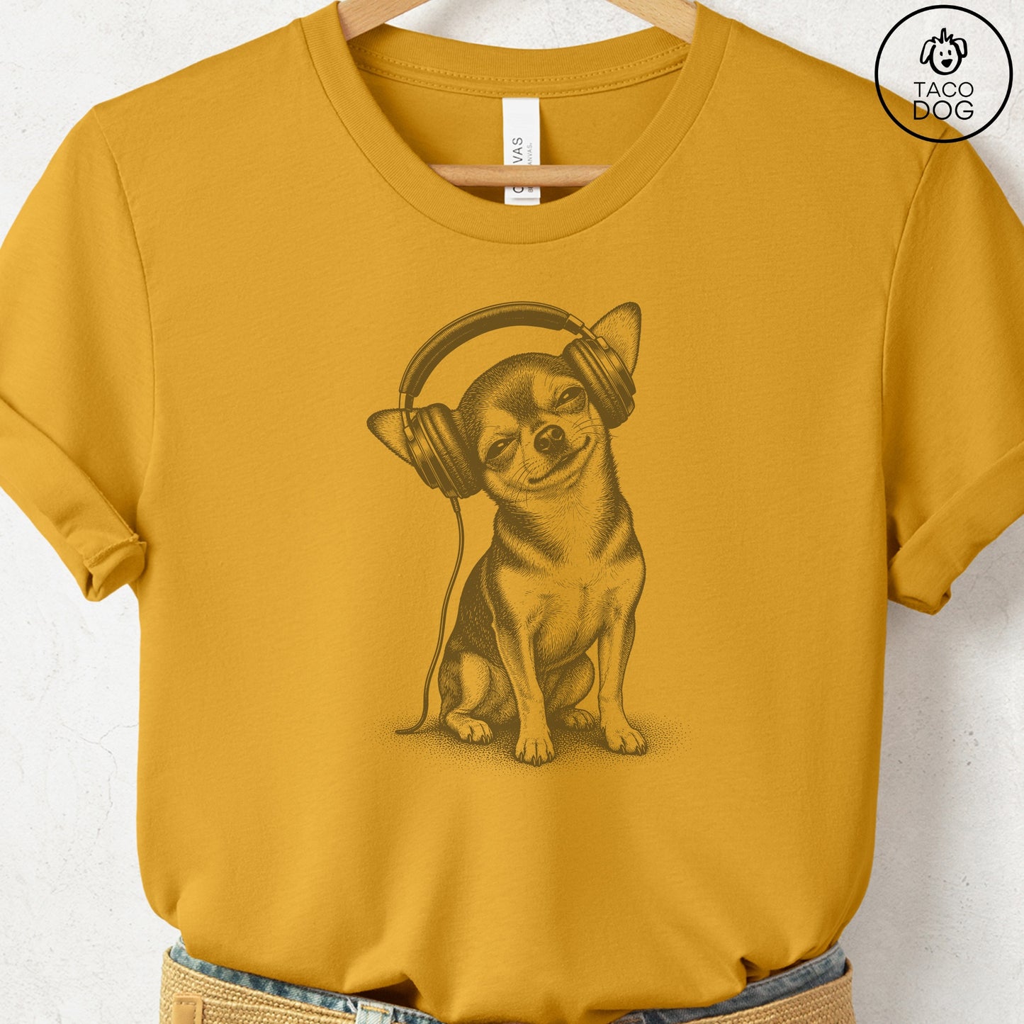 Chihuahua Headphones T-Shirt Mustard Taco-Dog