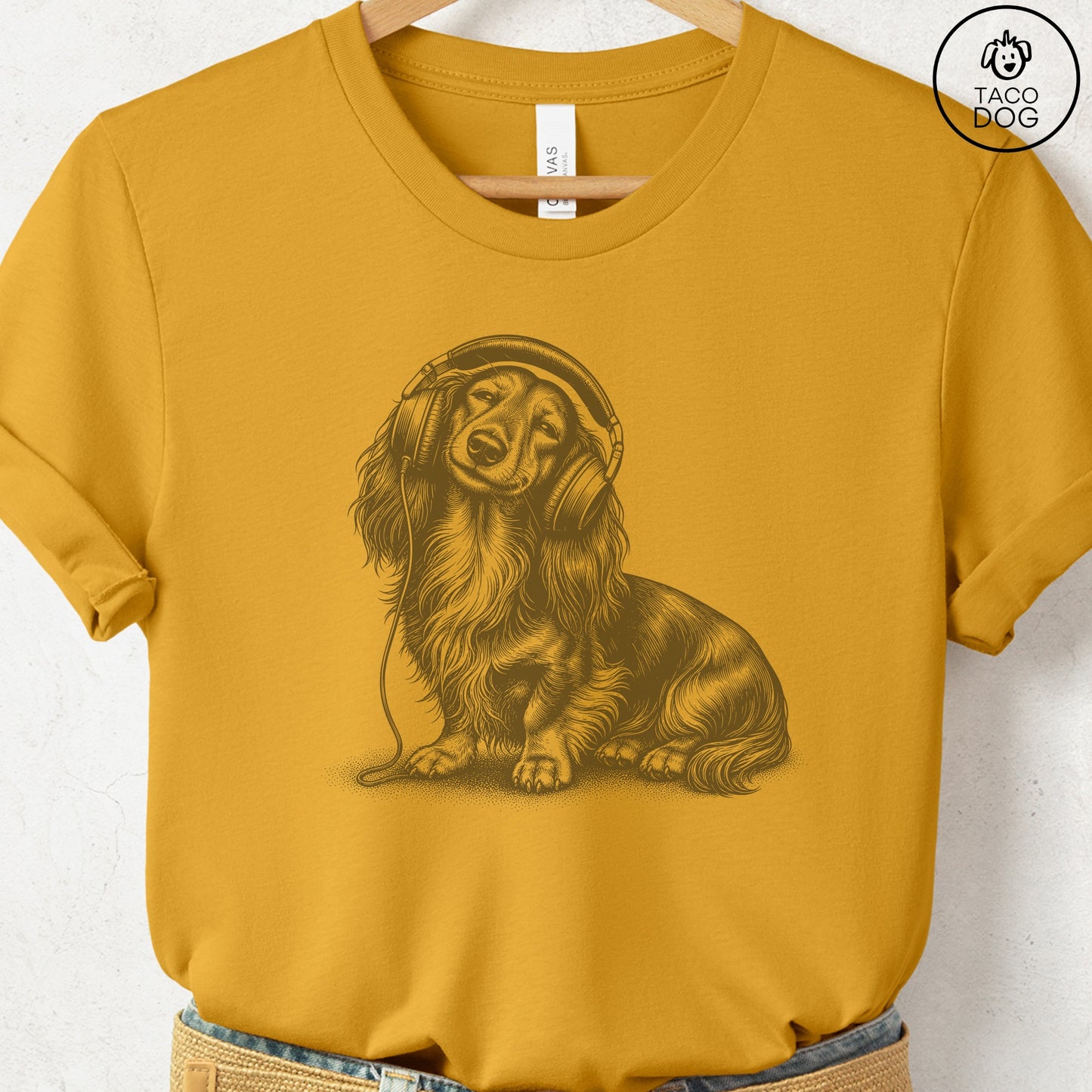 Dachshund Headphones T-Shirt Mustard Taco-Dog