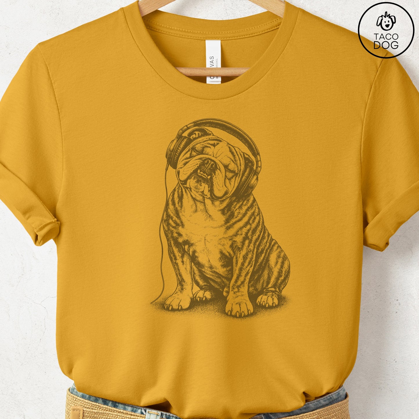 English Bulldog Headphones T-Shirt Mustard Taco-Dog