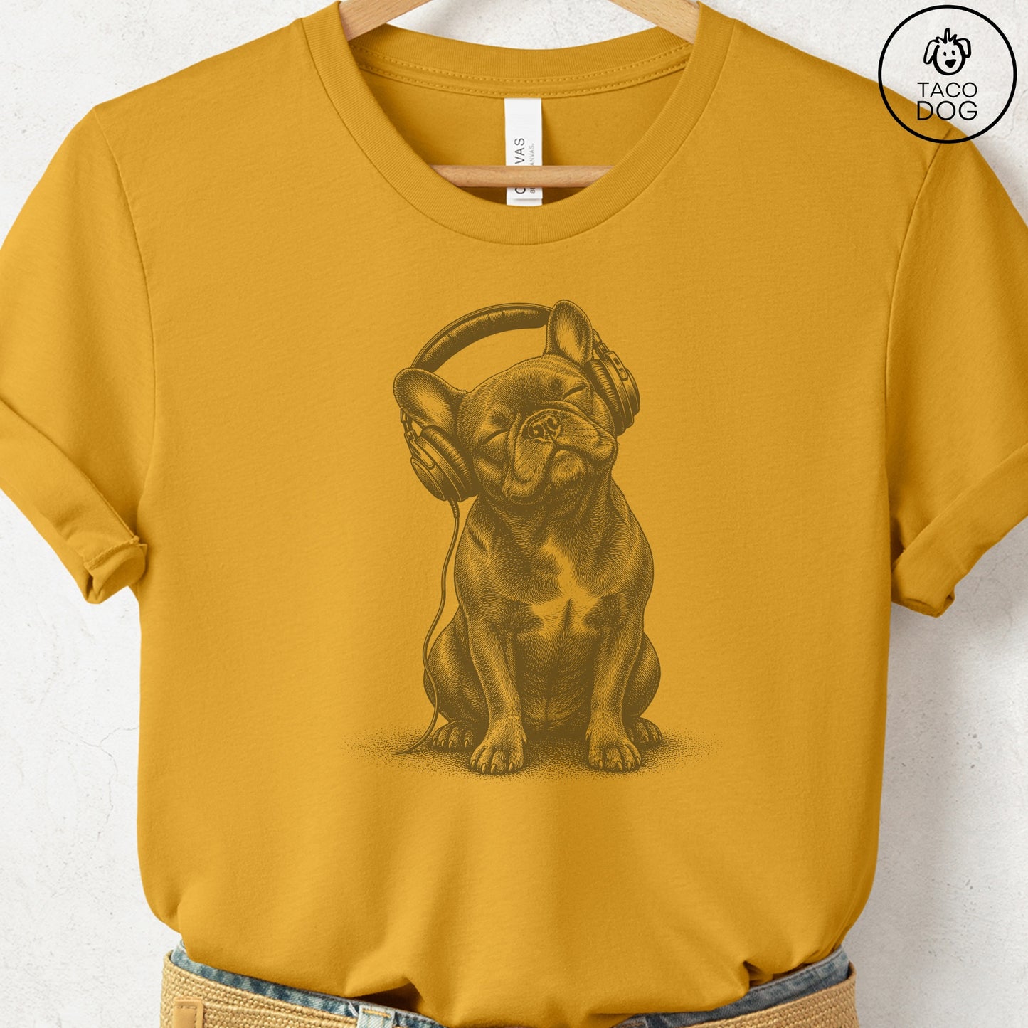 French Bulldog Frenchie Headphones T-Shirt Mustard Taco-Dog