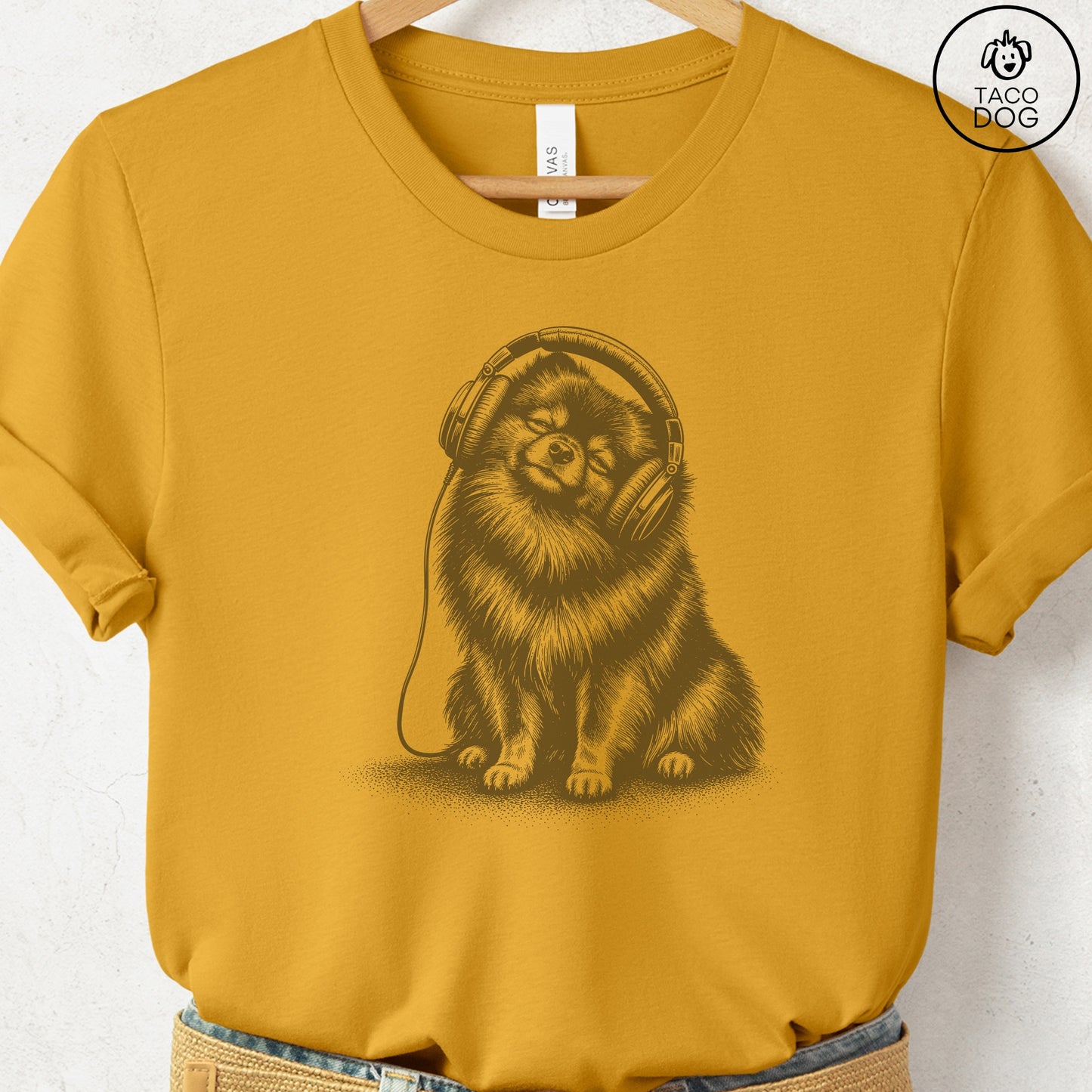 Pomeranian Headphones T-Shirt Mustard Taco-Dog