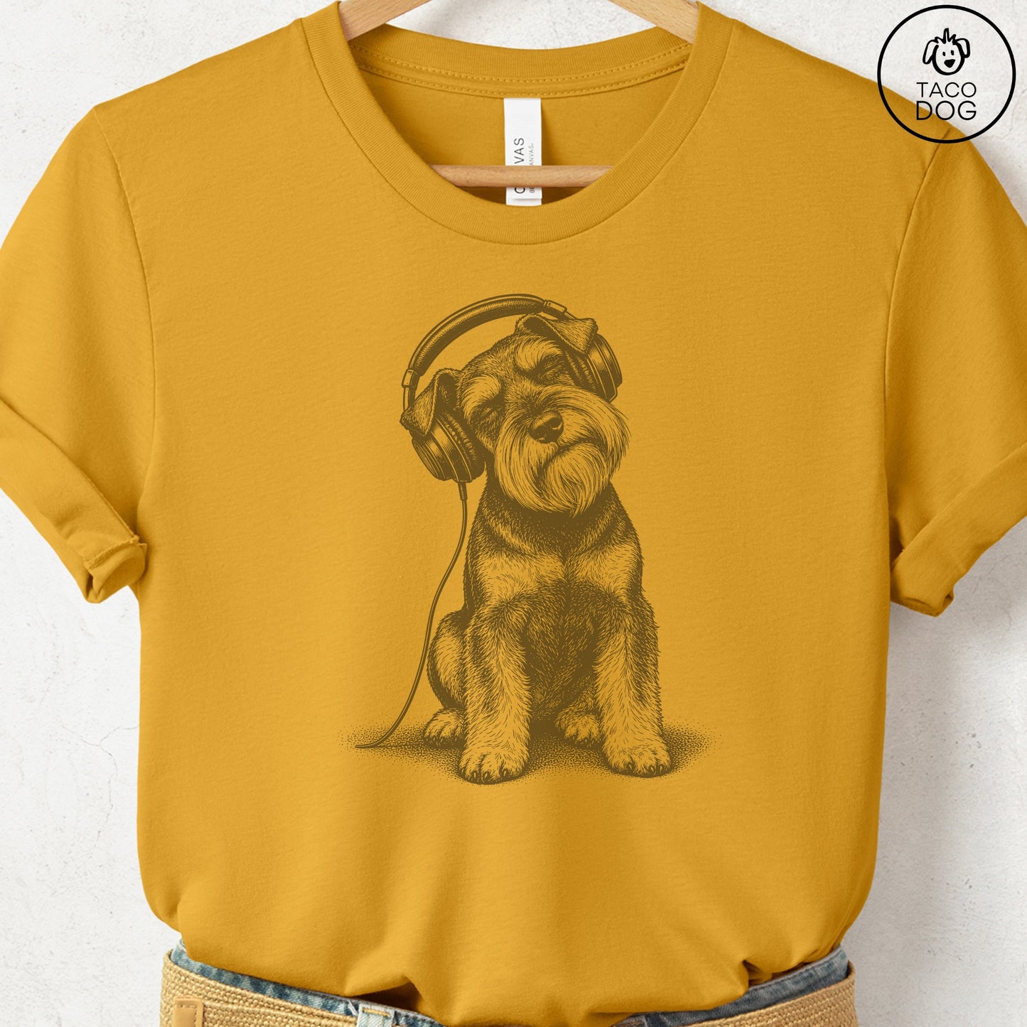 Schnauzer Headphones T-Shirt Mustard Taco-Dog