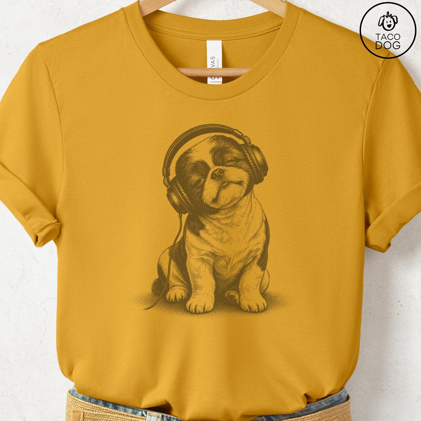 Shih Tzu Headphones T-Shirt Mustard Taco-Dog