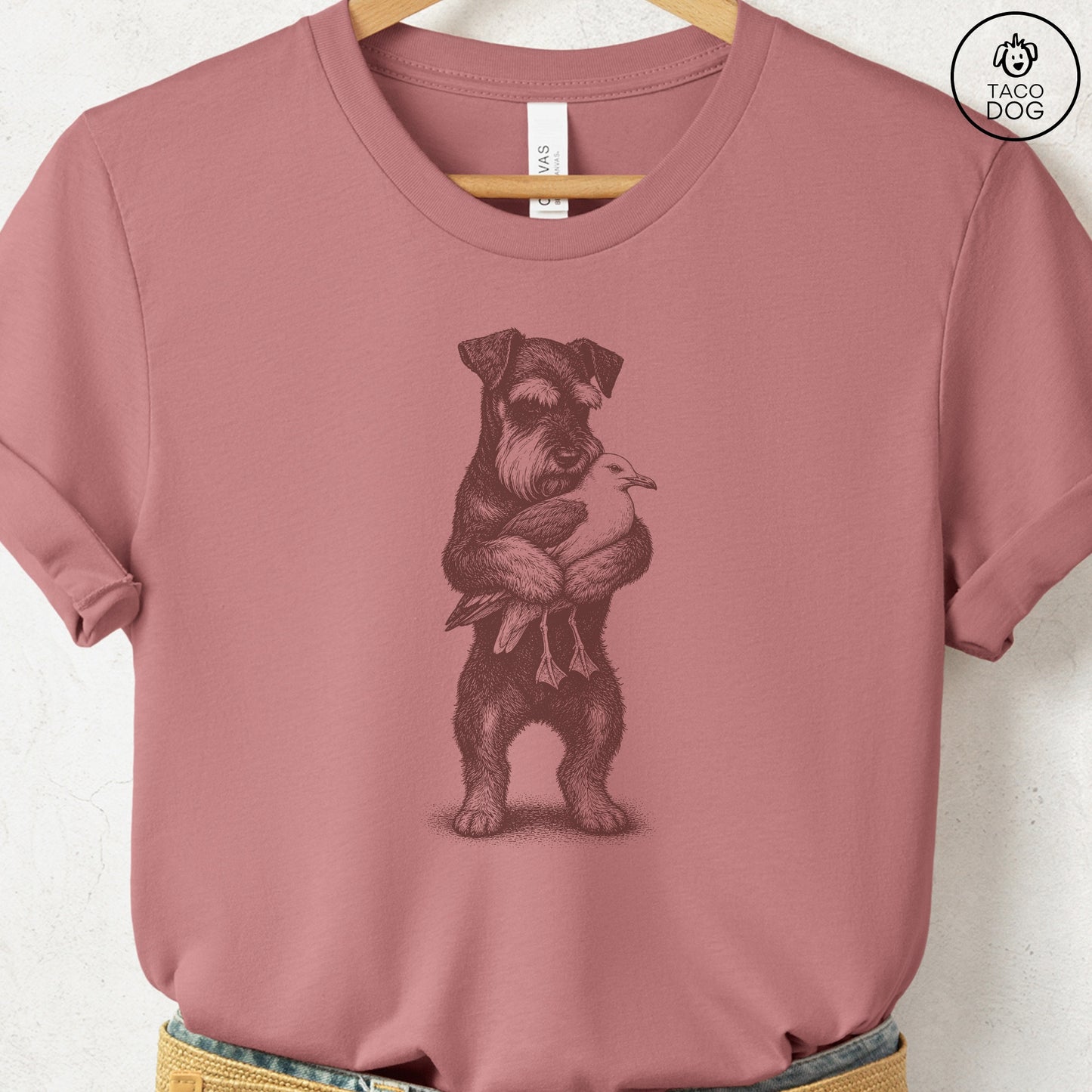 Schnauzer Hug T-Shirt Heather Mauve Taco-Dog