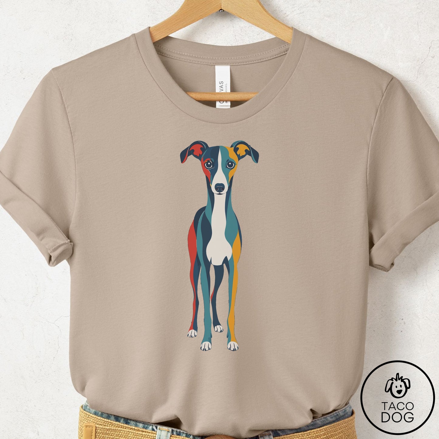 Italian Greyhound Whippet Color Block T-Shirt Tan Taco-Dog