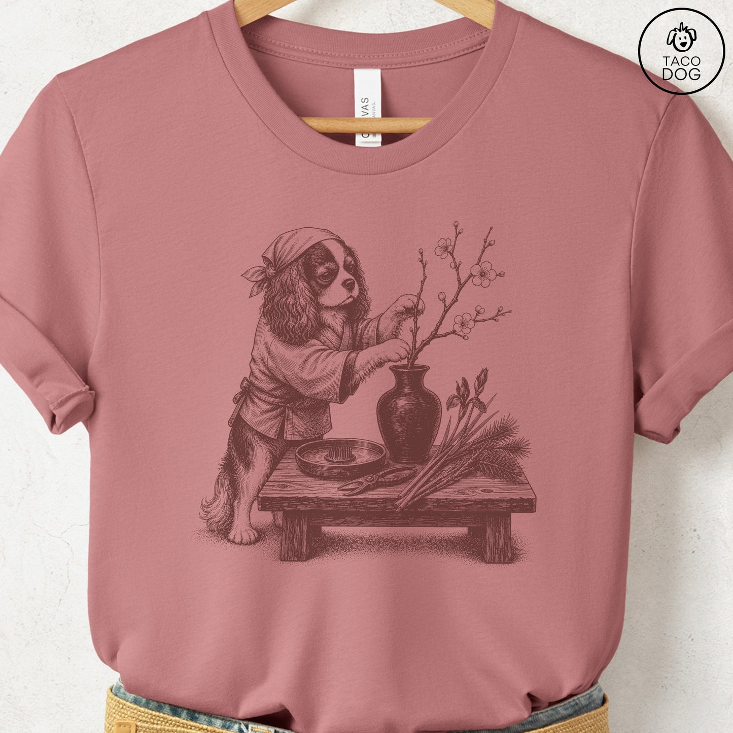 Cavalier King Charles Spaniel Ikebana T-Shirt Heather Mauve Taco-Dog