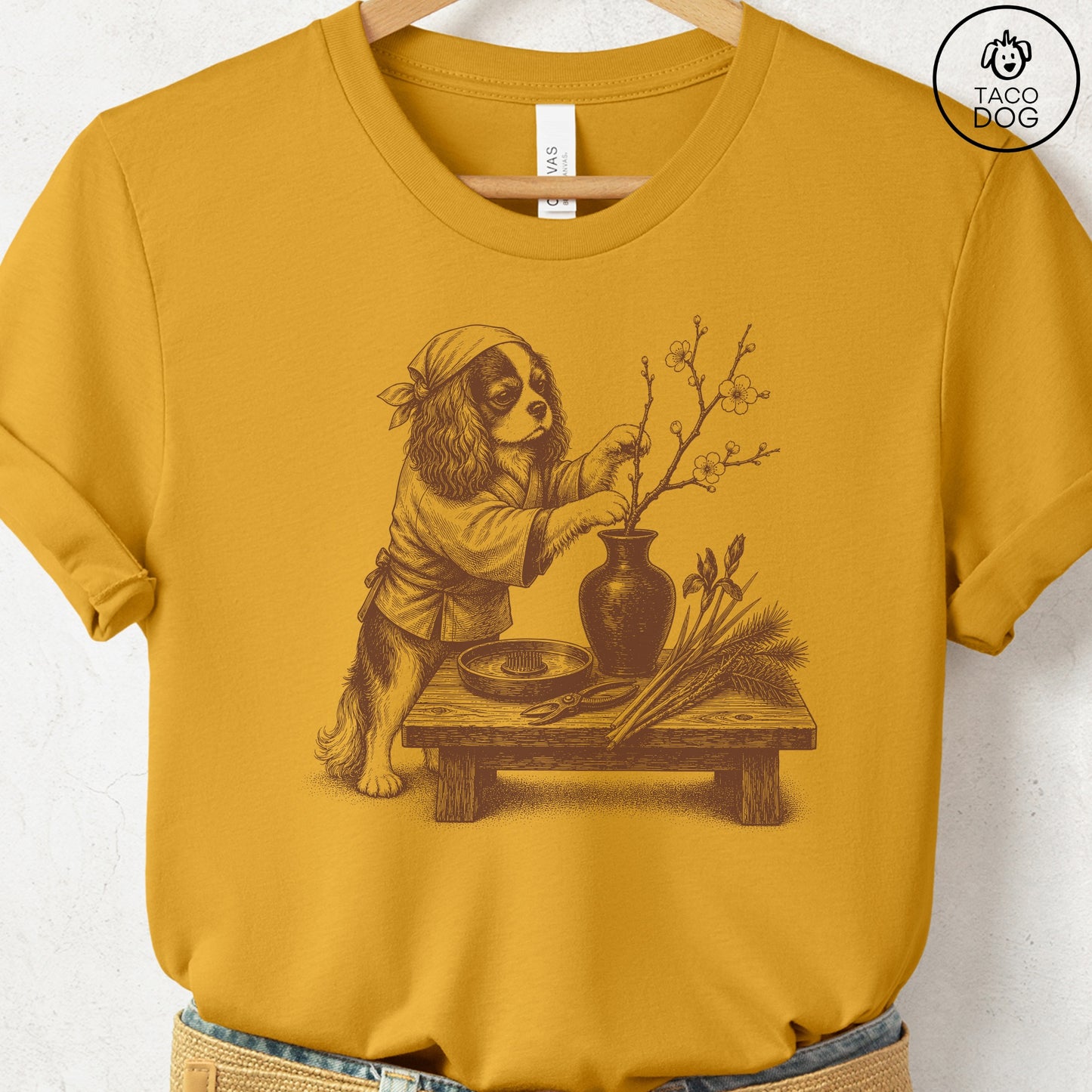 Cavalier King Charles Spaniel Ikebana T-Shirt Mustard Taco-Dog