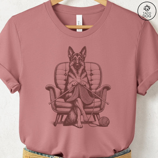 German Shepherd Knitting T-Shirt Heather Mauve Taco-Dog