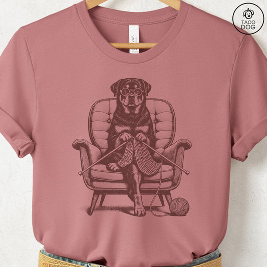 Rottweiler Knitting T-Shirt Heather Mauve Taco-Dog