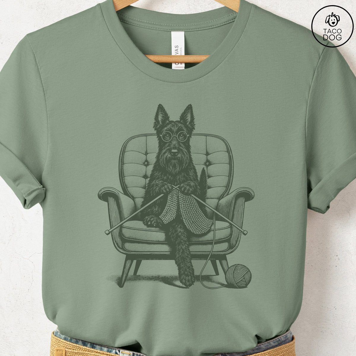 Scottie Knitting T-Shirt Sage Taco-Dog