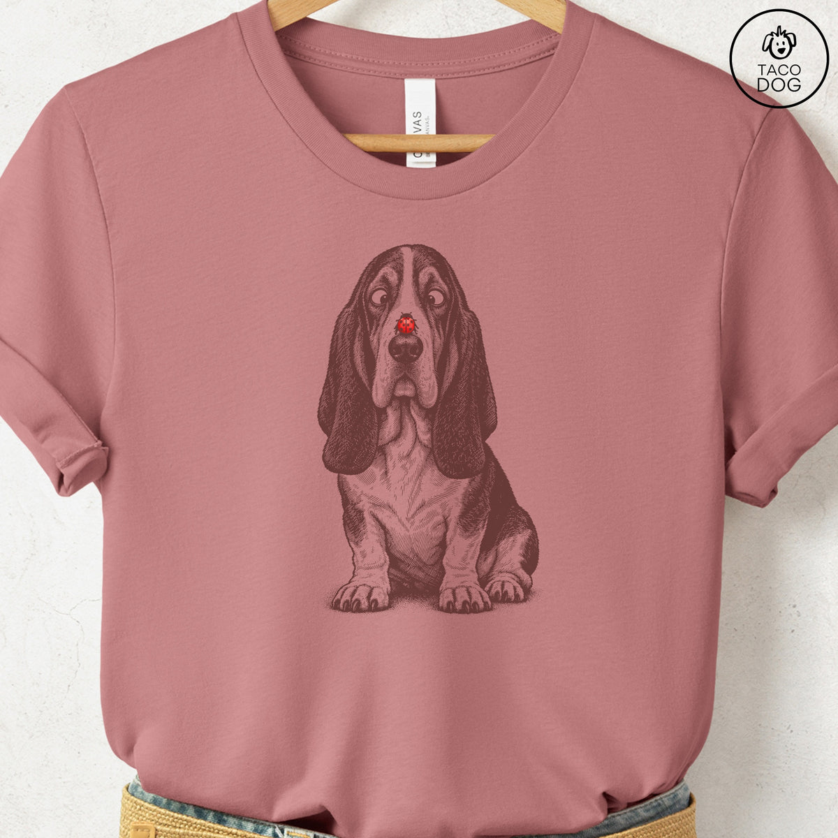 Basset Hound Ladybug T-Shirt Heather Mauve Taco-Dog