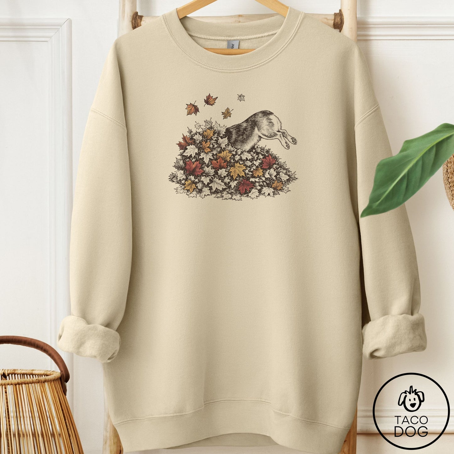 Corgi Leaf Jump Sweatshirt Sand Taco-Dog
