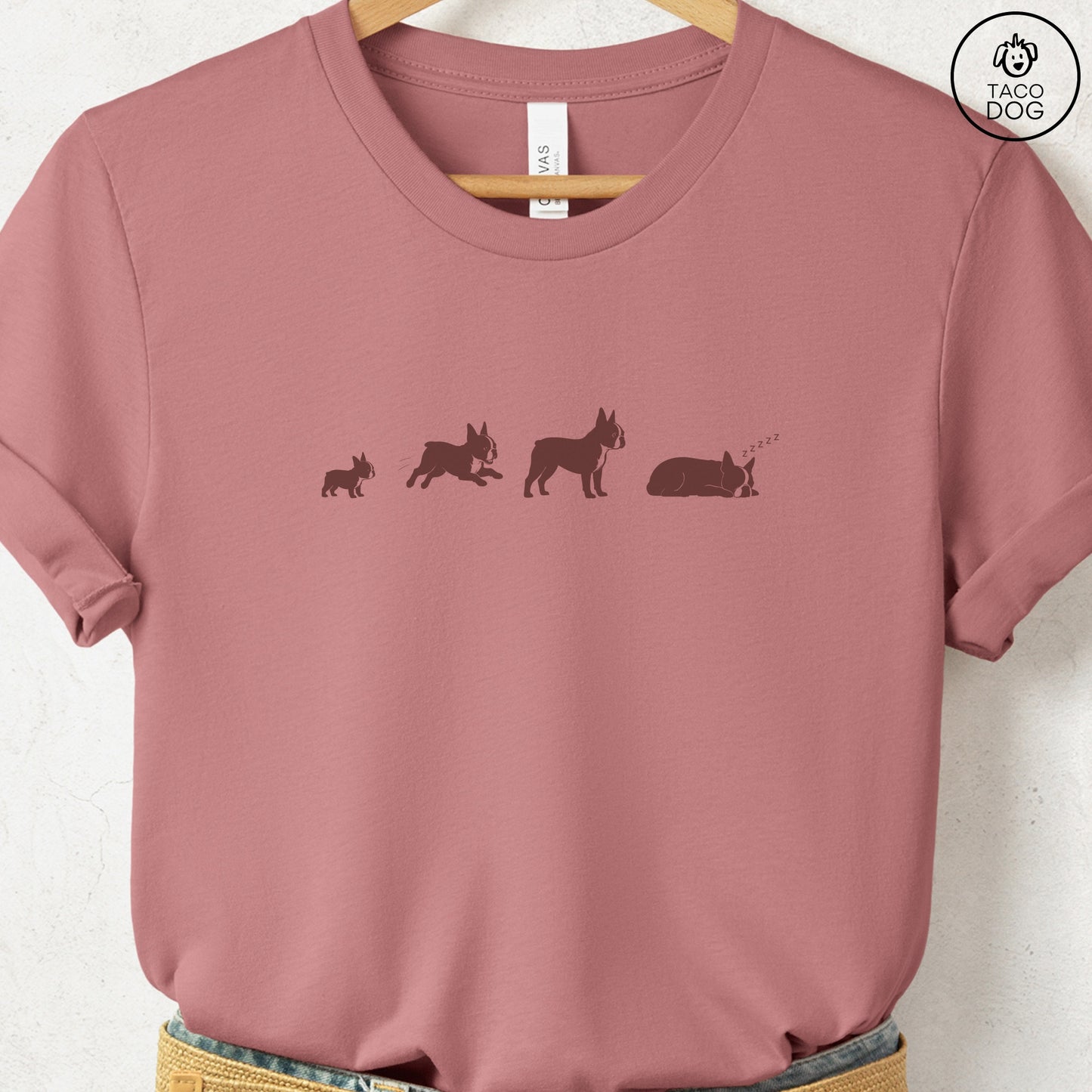 Boston Terrier Lifecycle T-Shirt Heather Mauve Taco-Dog