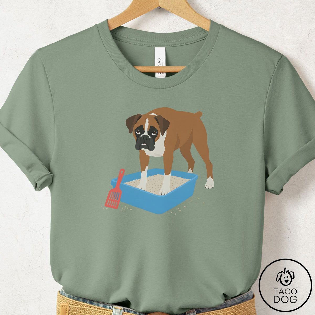 Boxer Litter Box T-Shirt Sage Taco-Dog