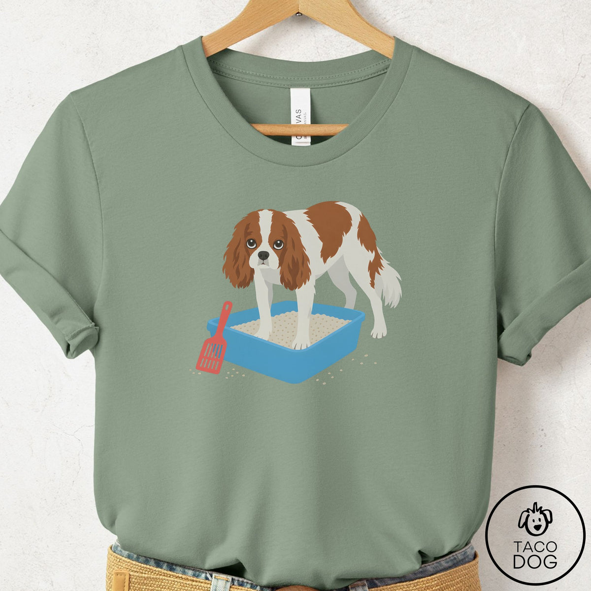 Cavalier King Charles Spaniel Litter Box T-Shirt Sage Taco-Dog