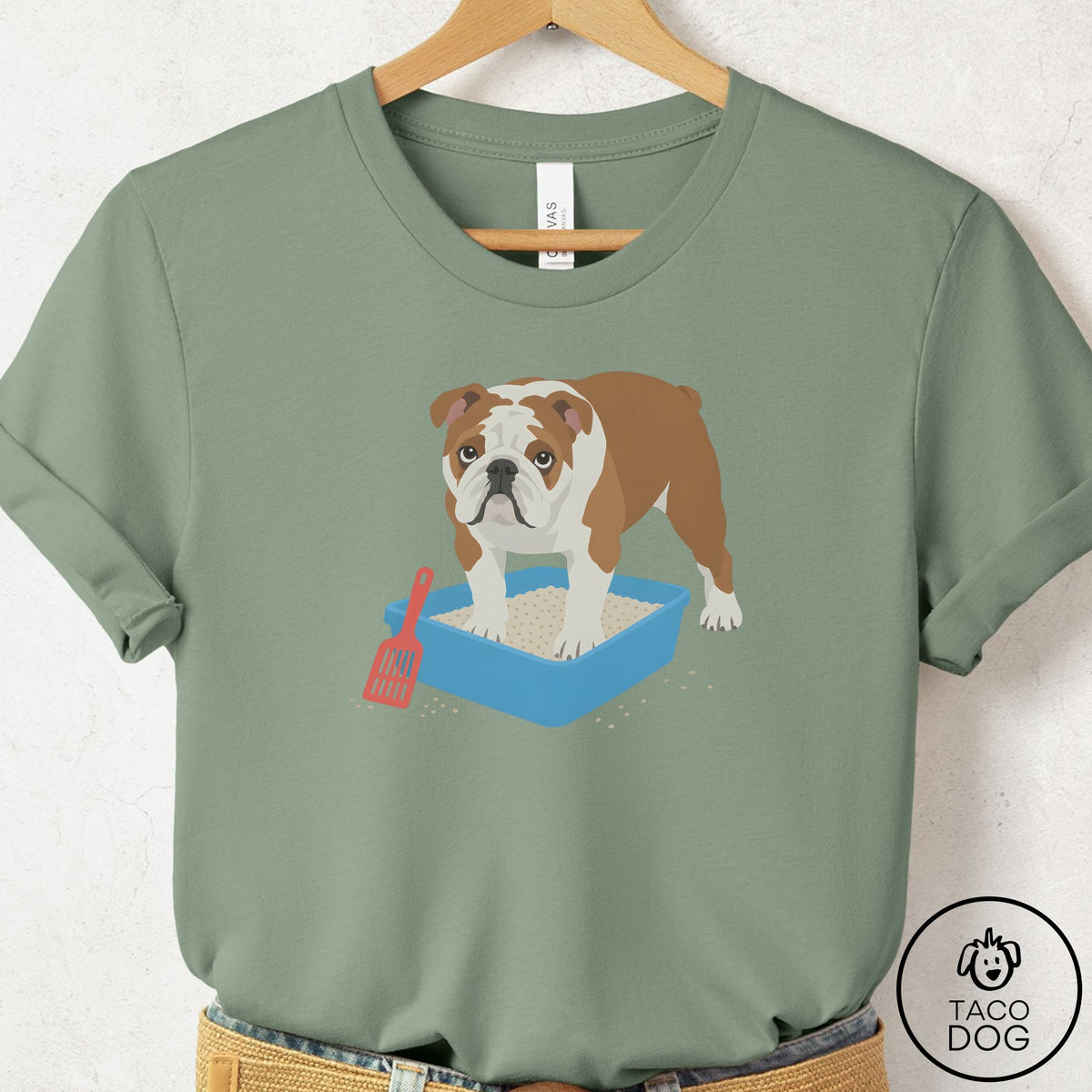 English Bulldog Litter Box T-Shirt Sage Taco-Dog