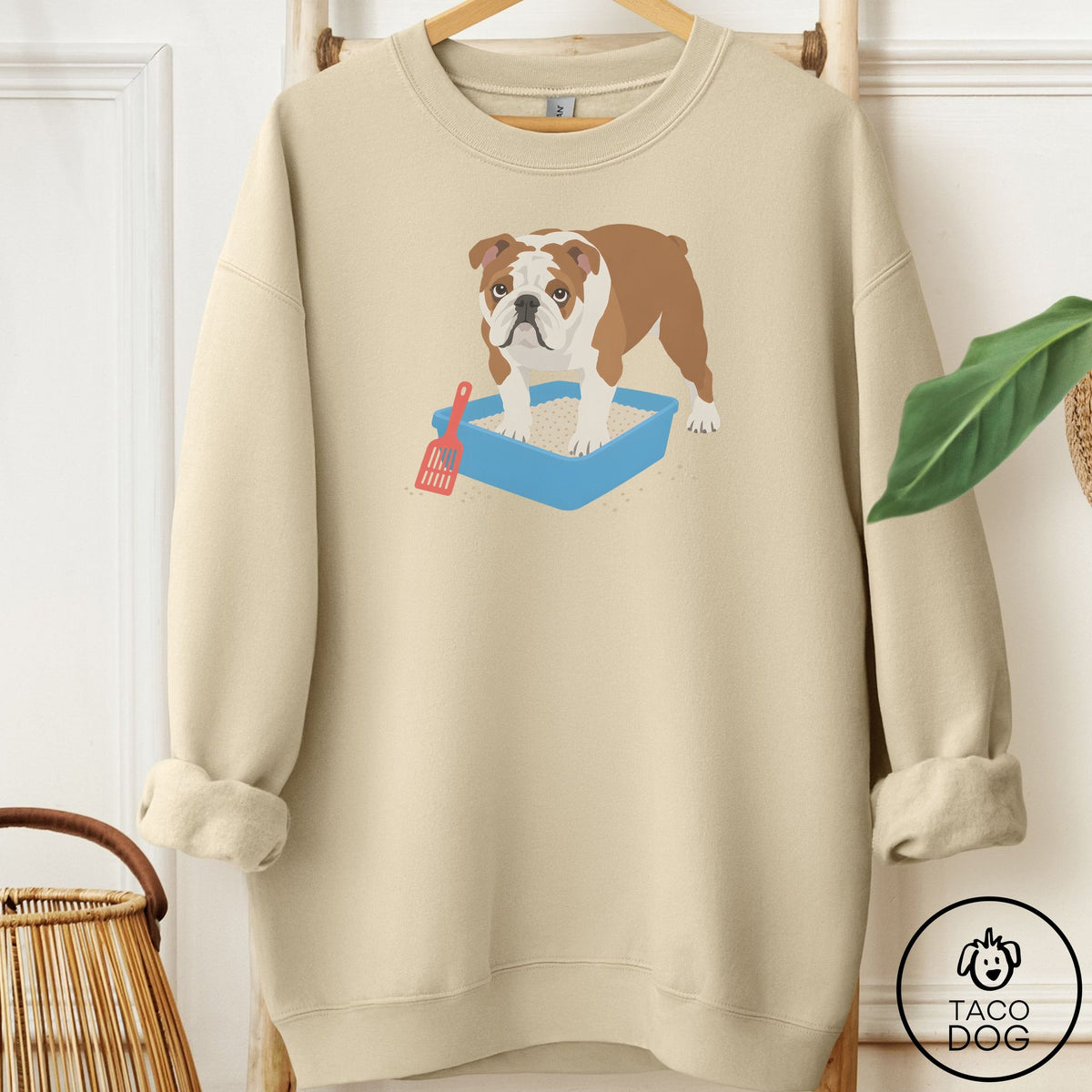 English Bulldog Litter Box Sweatshirt Sand Taco-Dog