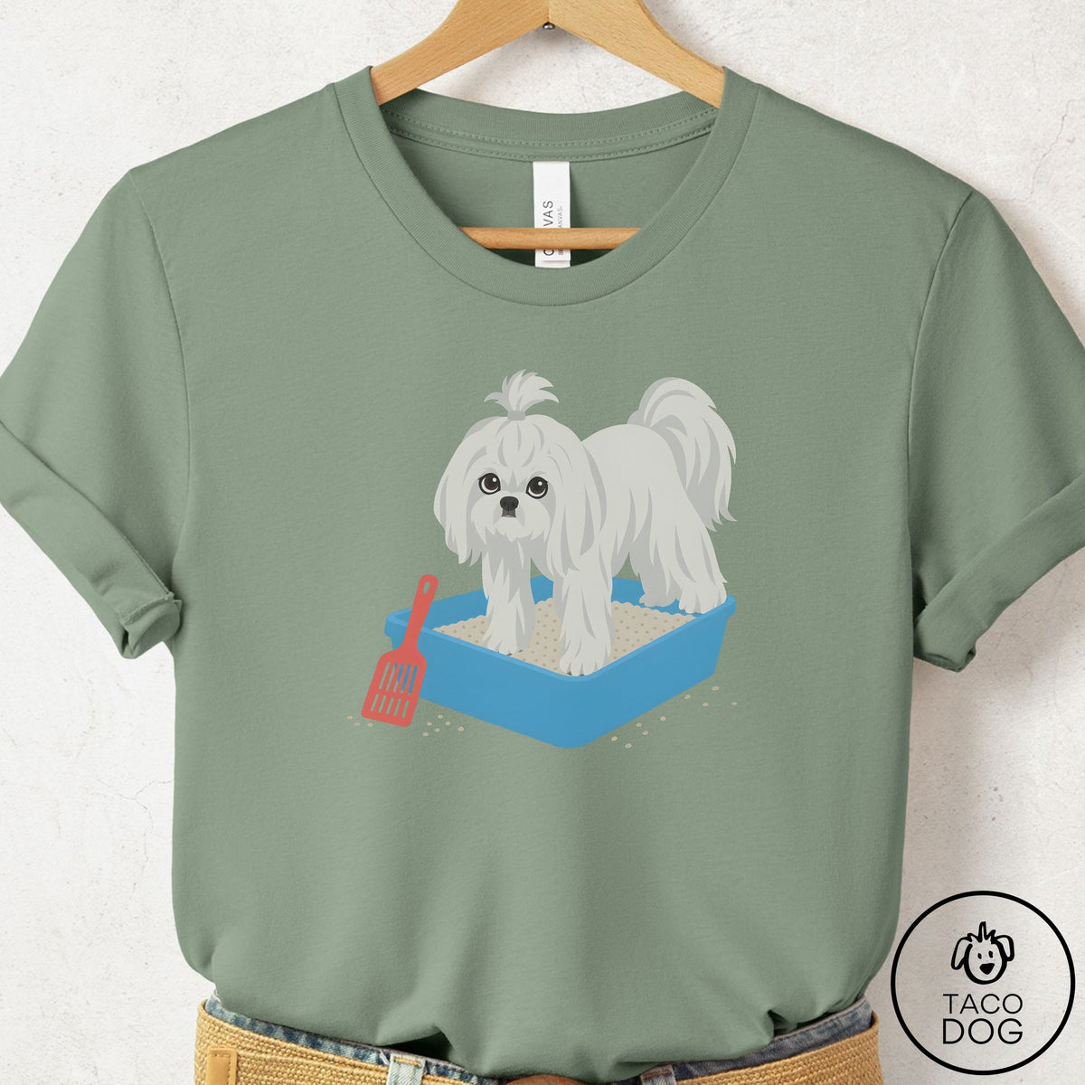 Maltese Litter Box T-Shirt Sage Taco-Dog