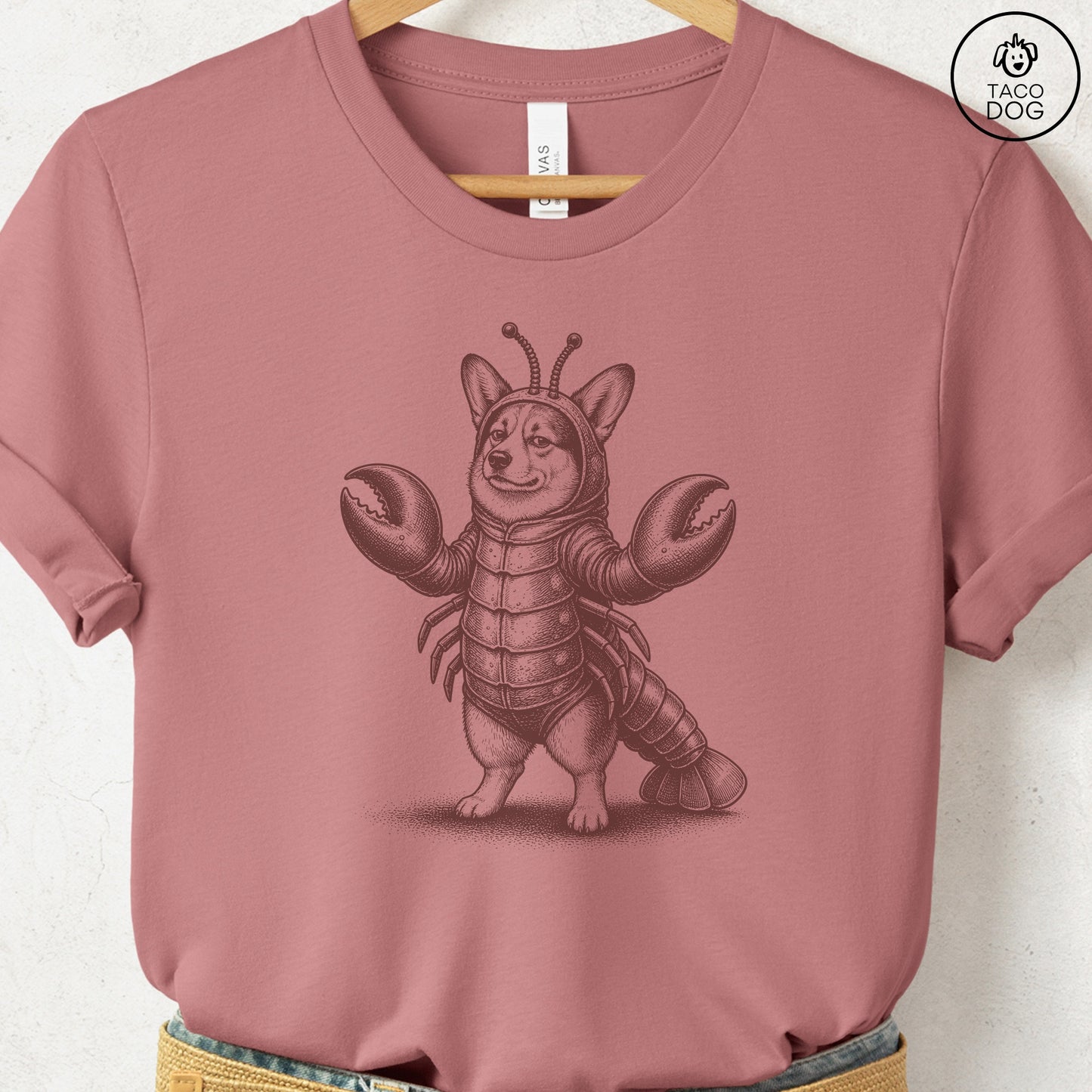 Corgi Lobster T-Shirt Heather Mauve Taco-Dog