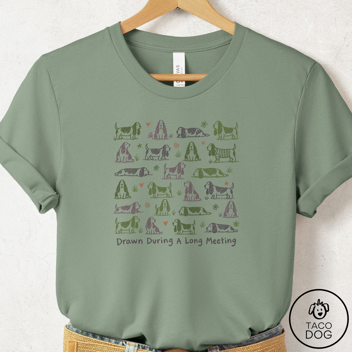 Basset Hound Long Meeting T-Shirt Sage Taco-Dog